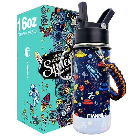 Vaikiška gertuvė termosas vaikams berniukams mėlynos spalvos su kosmoso animacija Fiansill 470 ml