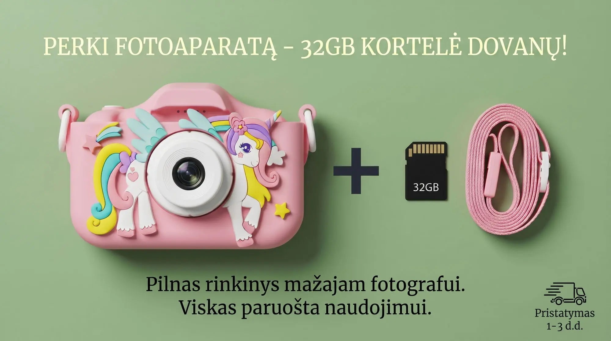 skaitmeninis fotoaparatas vaikams vienaragis, rožinės spalvos su 32 GB kortele