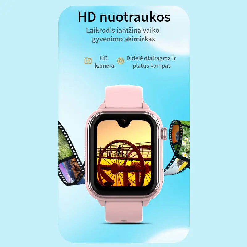Išmanusis laikrodis su HD kamera. Ekrane pavaizduota nuotrauka su tiltu, šonuose – juostelės su vaizdais