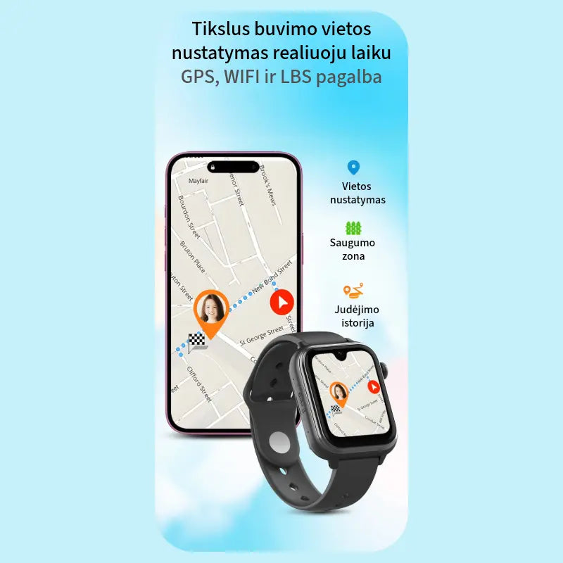 Tikslus vietos nustatymas realiuoju laiku GPS, WIFI ir LBS pagalba. Pavaizduotas telefonas ir laikrodis su žemėlapiu