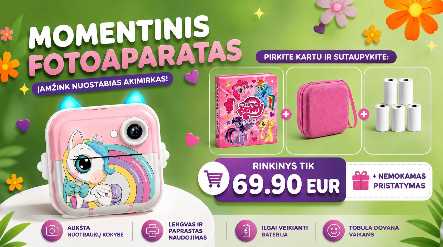 Momentinio fotoaparato rinkinys vienaragis rožinis