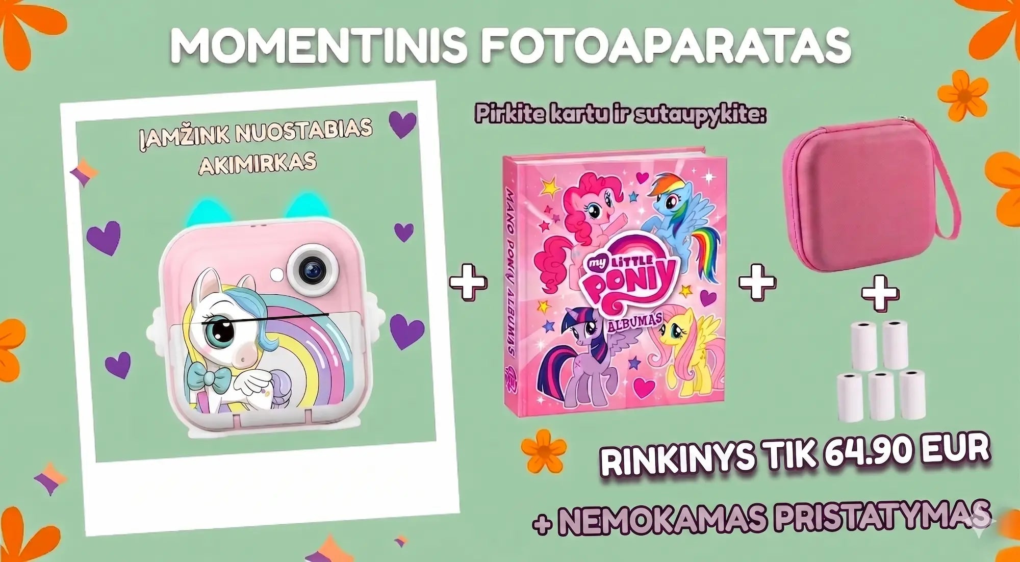 Momentinio fotoaparato rinkinys vienaragis rožinis