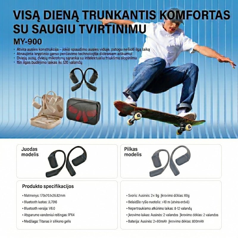 Atviro tipo belaidės ausinės MoreinTech MY-900 (iki 45 val., IPX4)