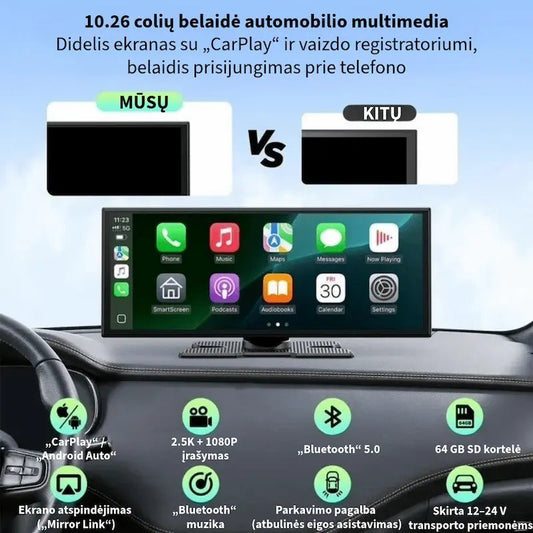 Belaidė automobilio multimedia su CarPlay, Android Auto ir vaizdo registratoriaus funkcijomis.