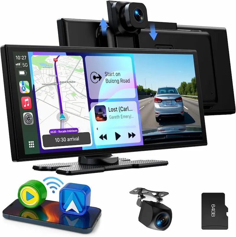 Automobilio vaizdo registratorius su liečiamu ekranu, galinio vaizdo kamera ir SD kortele.