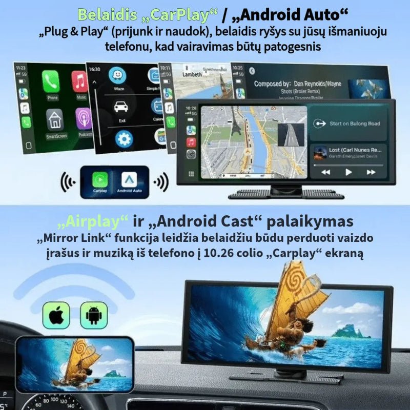 Automobilio ekrano „Mirror Link“ funkcija, rodanti vaizdą iš telefono per „Airplay“ ir „Cast“.