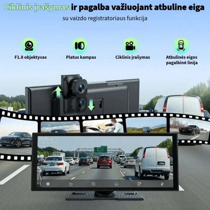 Automobilio vaizdo registratorius su ciklinio įrašymo ir parkavimo pagalbos funkcija.