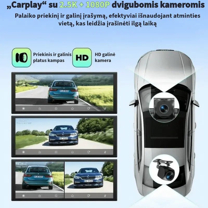 Automobilio vaizdo registratorius su dviguba kamera, fiksuojančia vaizdą priekyje ir gale.