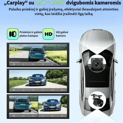 Automobilio vaizdo registratorius su dviguba kamera, fiksuojančia vaizdą priekyje ir gale.