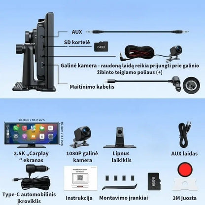 Automobilio multimedijos komplektacija: ekranas, kameros, laidai ir montavimo įrankiai.