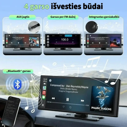 Automobilio multimedijos 4 garso išvesties būdai: AUX, FM bangos, garsiakalbis ir Bluetooth.