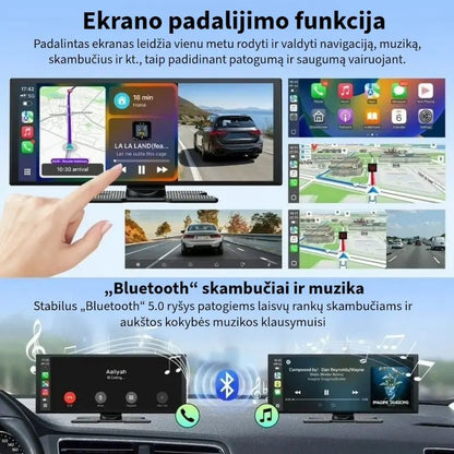 Automobilio multimedia su padalinto ekrano funkcija, navigacija ir „Bluetooth“ skambučiais.