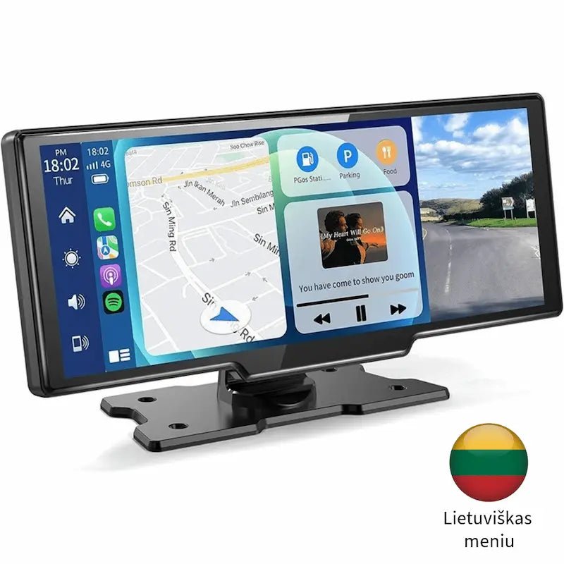 Automobilio multimedijos ekranas su navigacija, muzikos grotuvu ir lietuvišku meniu.