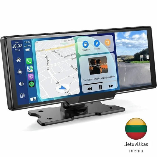 Automobilio multimedijos ekranas su navigacija, muzikos grotuvu ir lietuvišku meniu.