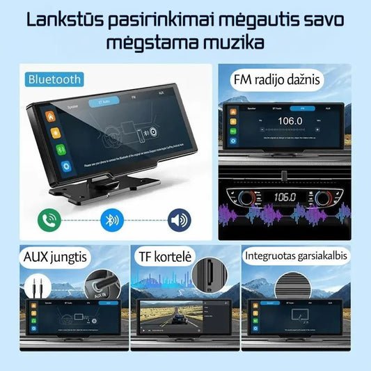 Automobilio ekrano garso parinktys: Bluetooth, FM radijas, AUX, TF kortelė ir garsiakalbis.