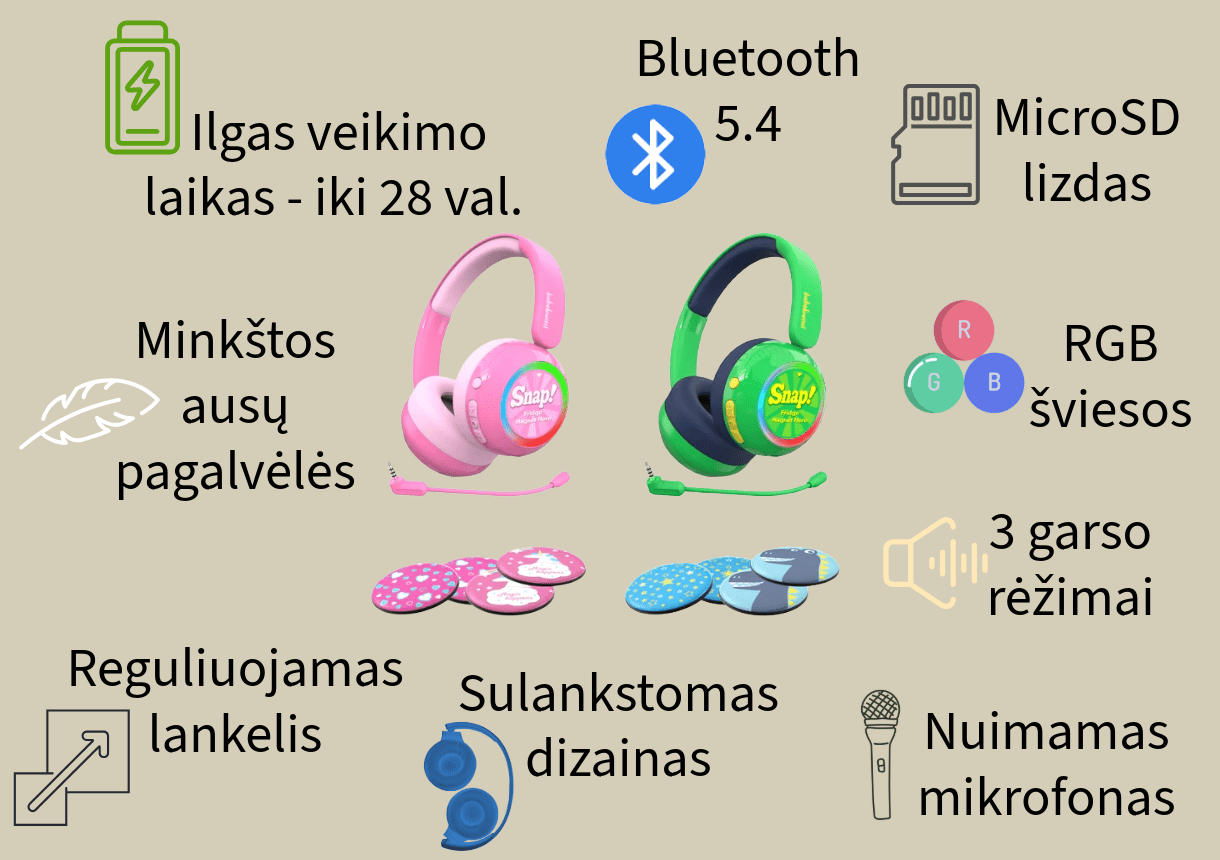 belaidės ausinės vaikams, bluetooth, garso ribojimas, sulankstomas dizainas, ilgas veikimo laikas, mikrofonas, 