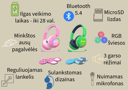 belaidės ausinės vaikams, bluetooth, garso ribojimas, sulankstomas dizainas, ilgas veikimo laikas, mikrofonas, 