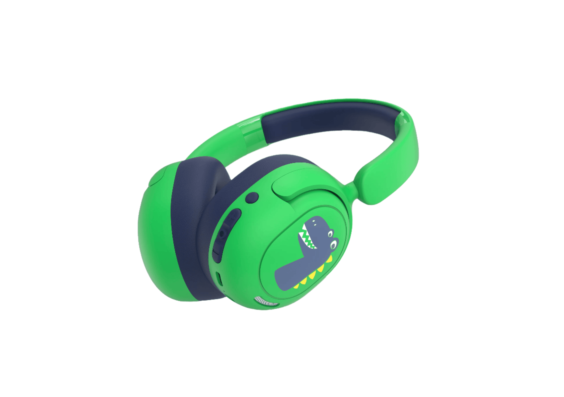 Belaidės bluetooth ausinės vaikams žalios spalvos su Dinozauro animacija, geras garsas, tinkamos mokymuisi