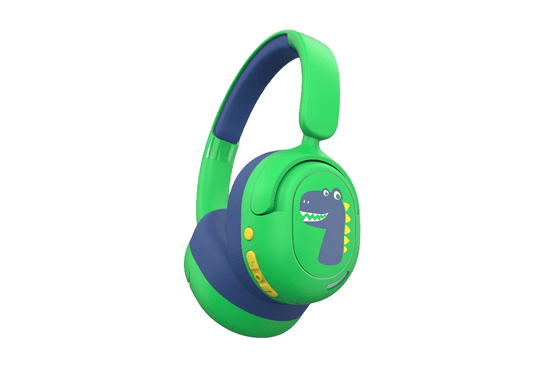Belaidės bluetooth ausinės berniukams žalios spalvos su Dinozauro animacija, geras garsas, tinkamos mokymuisi
