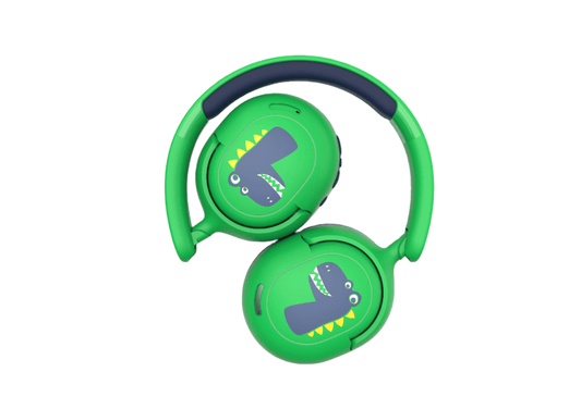 Belaidės bluetooth ausinės vaikams žalios spalvos su Dinozauro animacija, geras garsas, tinkamos mokymuisi, sulankstomos