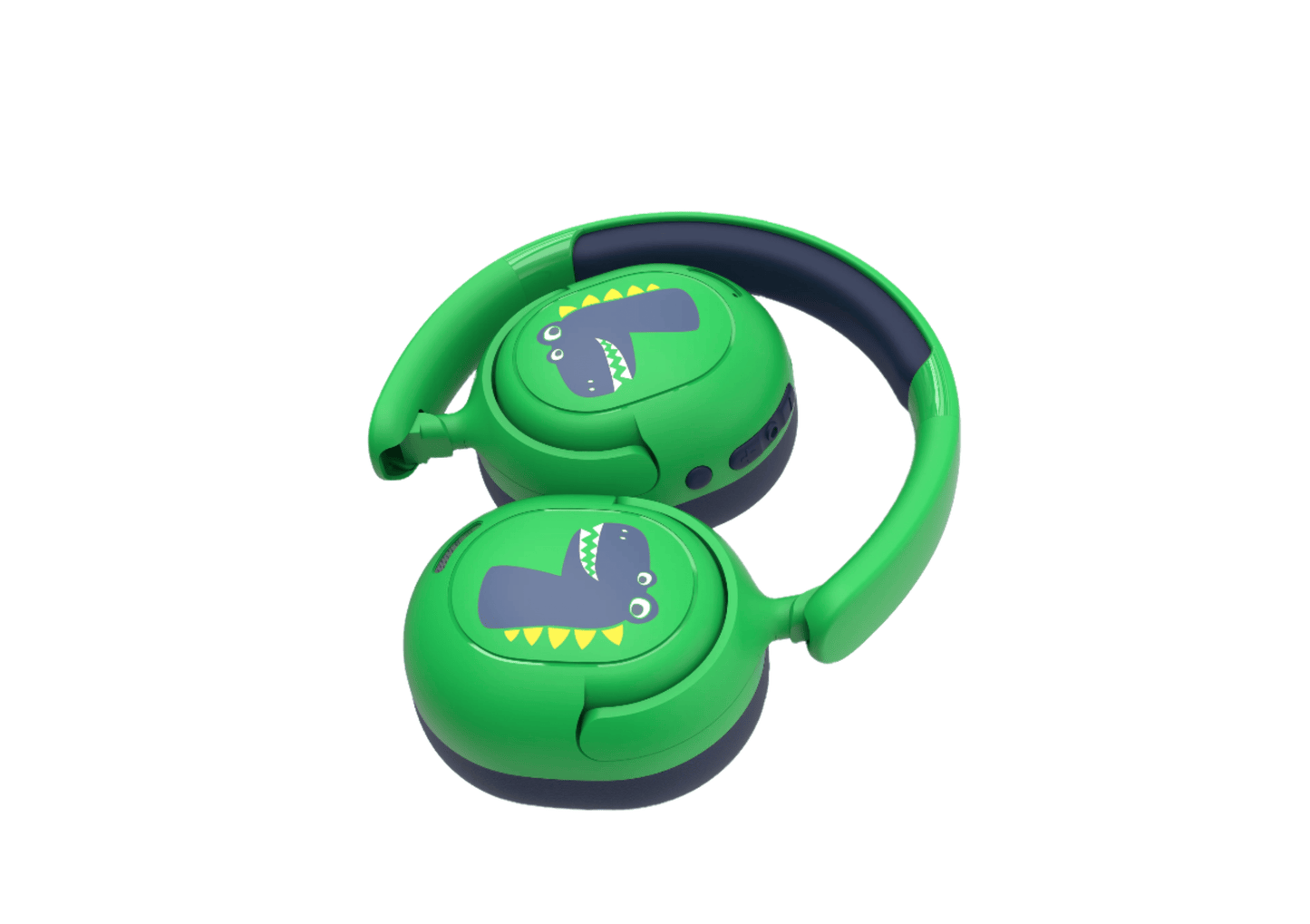 Belaidės bluetooth ausinės vaikams žalios spalvos su Dinozauro animacija, geras garsas, tinkamos mokymuisi, sulankstomos, pasukamos