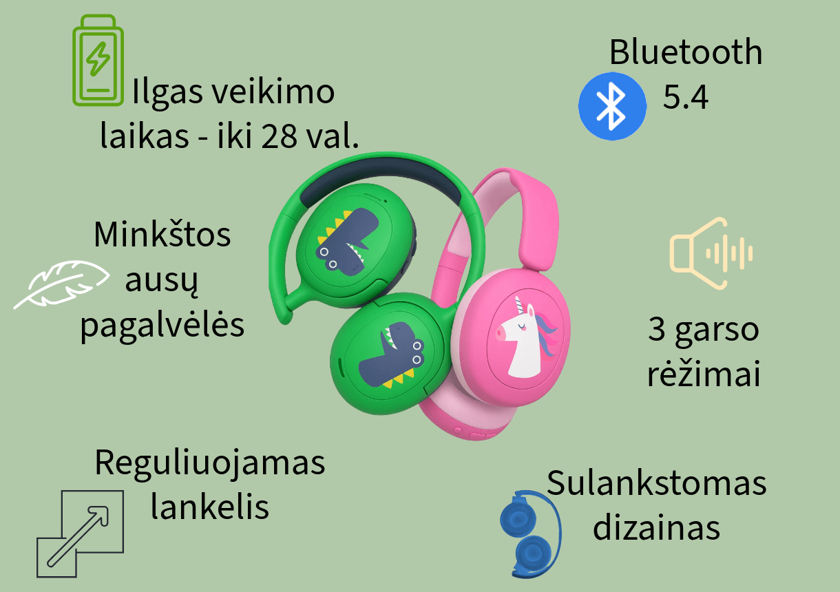 belaidės ausinės vaikams, bluetooth, garso ribojimas, sulankstomas dizainas, ilgas veikimo laikas