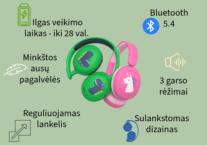 belaidės ausinės vaikams, bluetooth, garso ribojimas, sulankstomas dizainas, ilgas veikimo laikas