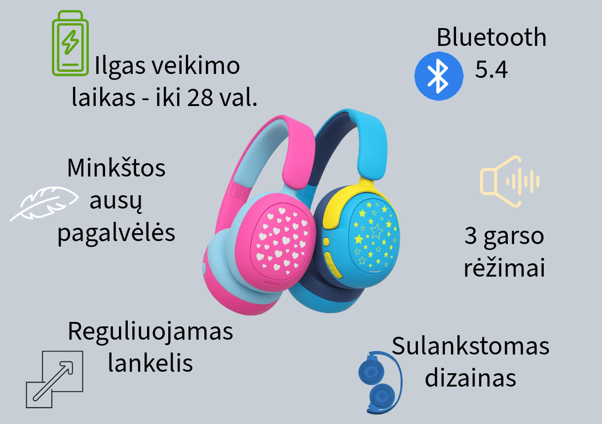 belaidės ausinės vaikams, bluetooth, garso ribojimas, sulankstomas dizainas, ilgas veikimo laikas