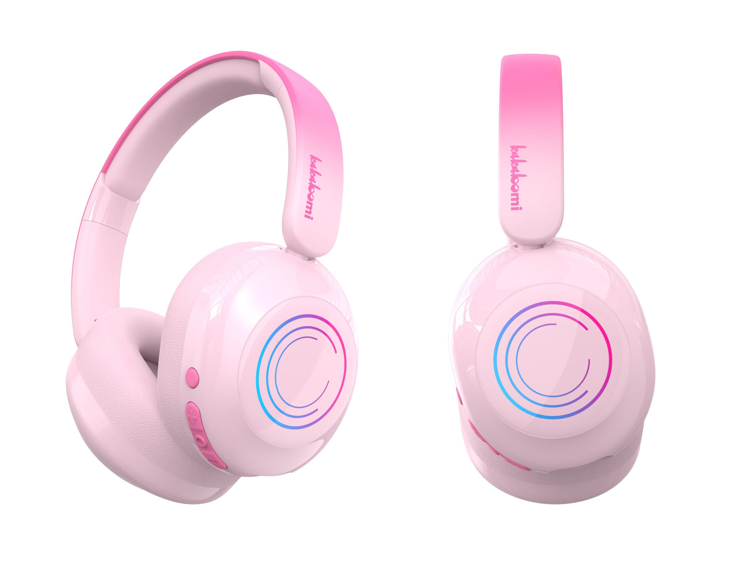 bluetooth belaidės ausinės vaikams rožinės spalvos, su garso ribojimu, rgb apšvietimas , patogios ir stilingos