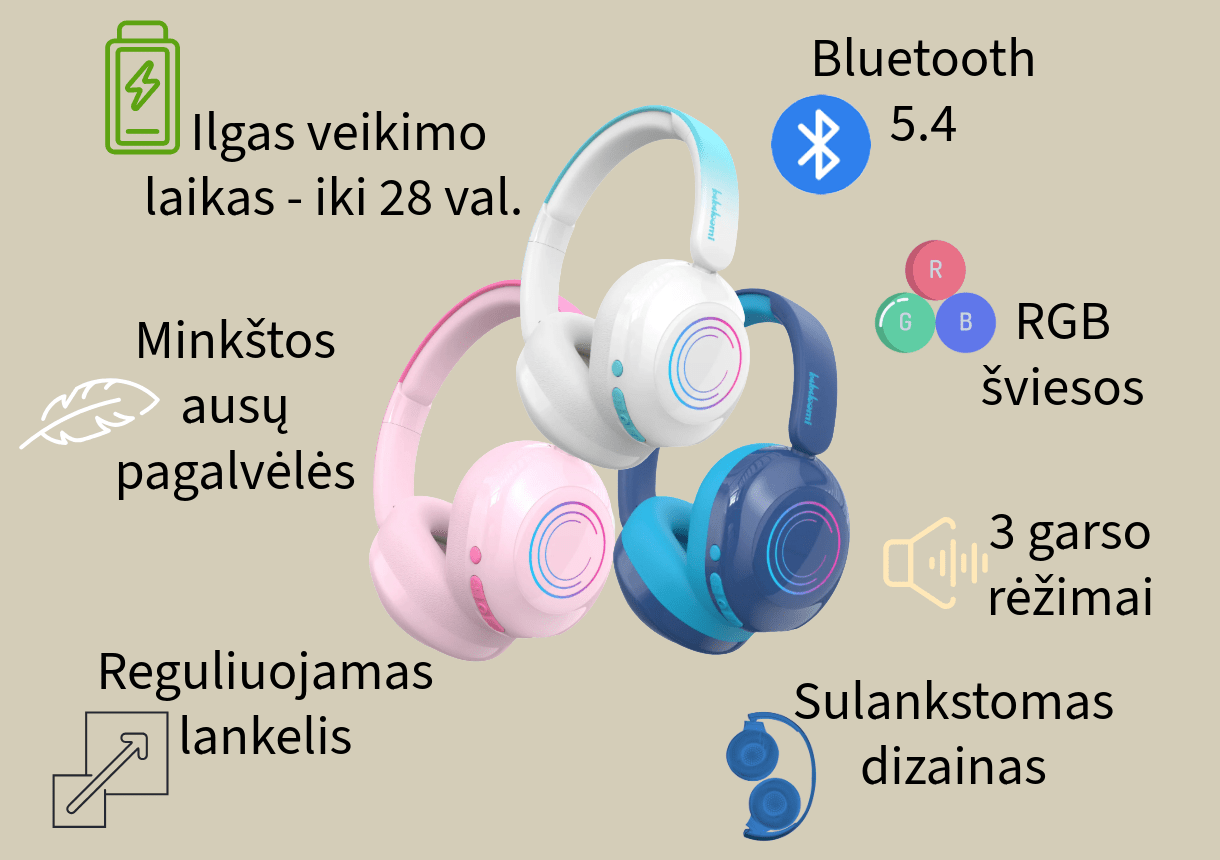 belaidės ausinės vaikams, bluetooth, garso ribojimas, sulankstomas dizainas, ilgas veikimo laikas, RGB šviesos