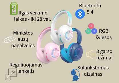 belaidės ausinės vaikams, bluetooth, garso ribojimas, sulankstomas dizainas, ilgas veikimo laikas, RGB šviesos