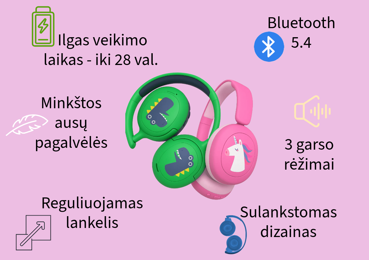 belaidės ausinės vaikams, bluetooth, garso ribojimas, sulankstomas dizainas, ilgas veikimo laikas, rožinės spalvos