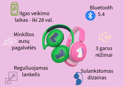 belaidės ausinės vaikams, bluetooth, garso ribojimas, sulankstomas dizainas, ilgas veikimo laikas, rožinės spalvos