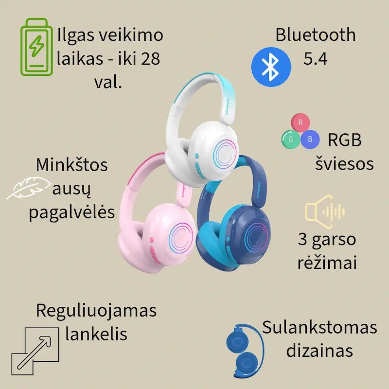 Belaidės ausinės vaikams SBT-260 su RGB ir klausos apsauga (7 m.+)
