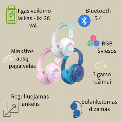Belaidės ausinės vaikams SBT-260 su RGB ir klausos apsauga (7 m.+)