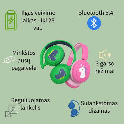 Žalios ir rožinės ausinės vaikams, su animacija ir funkcijų paaiškinimais