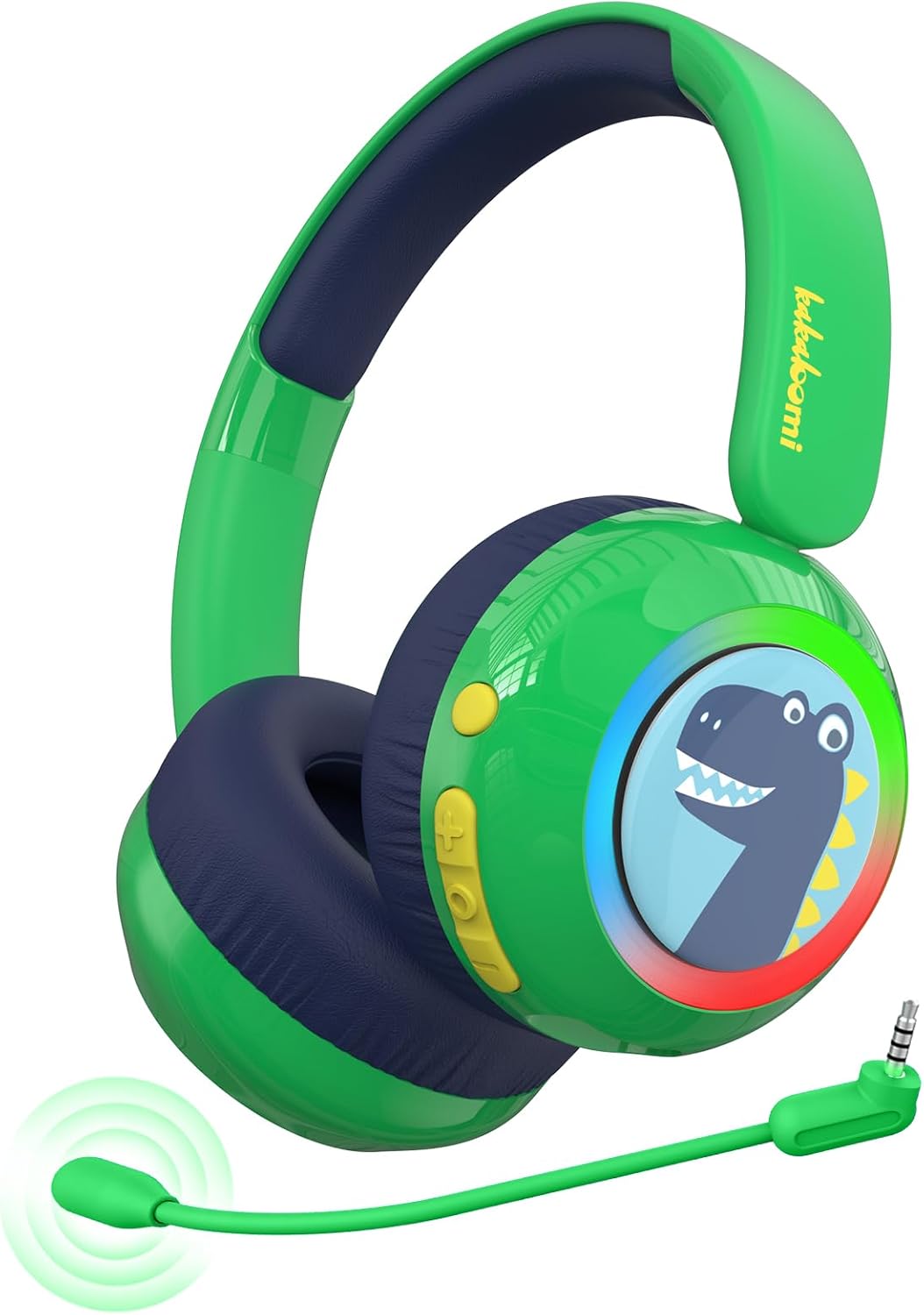 belaidės bluetooth ausinės berniukams, žalios spalvos, su dinozauro animacija, mikrofonas, garso ribojimas, patogios nešioti 