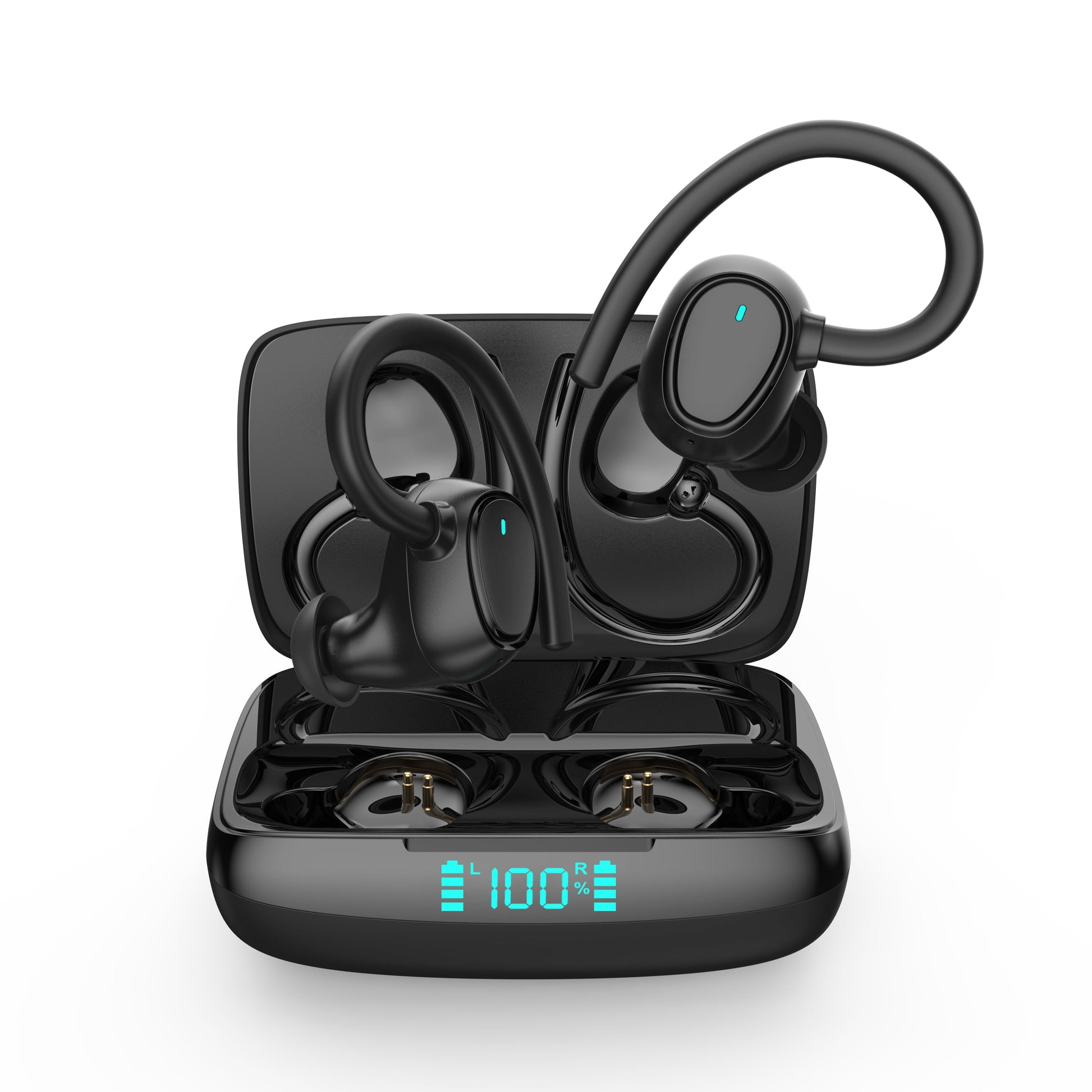 belaidės bluetooth ausinės sportui, bėgimui, treniruotėms. Juodos spalvos, patogios nešioti, kokybiškas garsas ilgas grojimo laikas