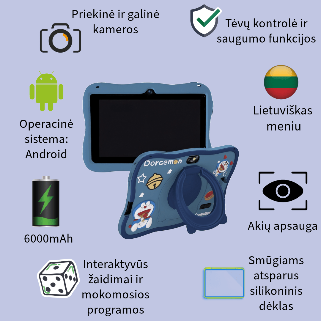 Planšetinis kompiuteris vaikams su personažais, berniukams, talpi baterija, android operacinė sistema, akių apsauga, lietuviškas meniu, silikoninis dėklas, kameros, žaidimai,mėlyna spalva