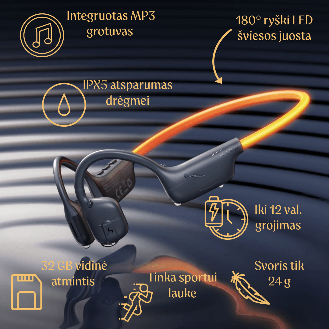 MP3 Belaidės ausinės sportui su LED šviesa, integruota 32 GB atmintimi muzikai,  IPX5 atsparumas vandeniui, garso kokybė, triukšmo slopinimas, ilgas grojimo laikas