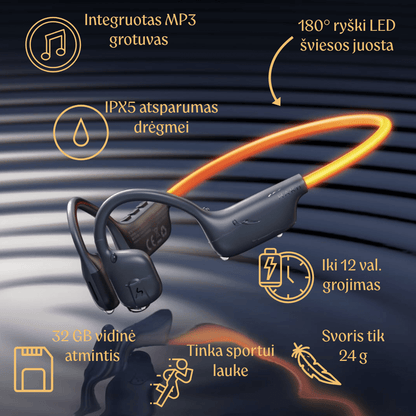 MP3 Belaidės ausinės sportui su LED šviesa, integruota 32 GB atmintimi muzikai,  IPX5 atsparumas vandeniui, garso kokybė, triukšmo slopinimas, ilgas grojimo laikas