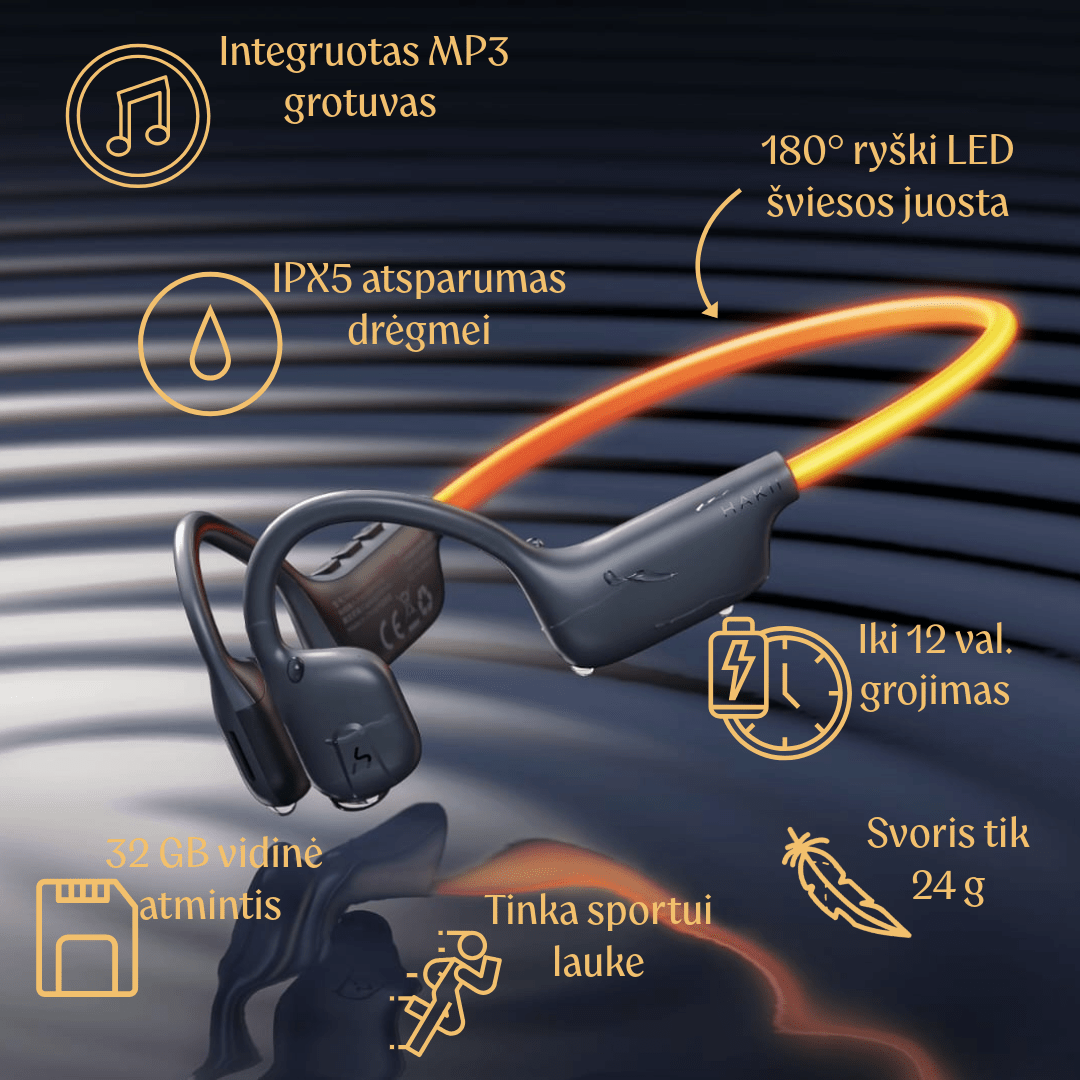 MP3 Belaidės ausinės sportui su LED šviesa, integruota 32 GB atmintimi muzikai,  IPX5 atsparumas vandeniui, garso kokybė, triukšmo slopinimas, ilgas grojimo laikas