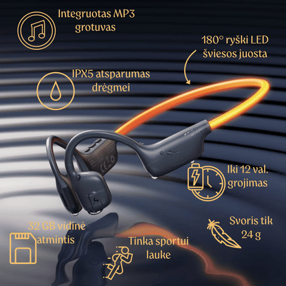 MP3 Belaidės ausinės sportui su LED šviesa, integruota 32 GB atmintimi muzikai,  IPX5 atsparumas vandeniui, garso kokybė, triukšmo slopinimas, ilgas grojimo laikas