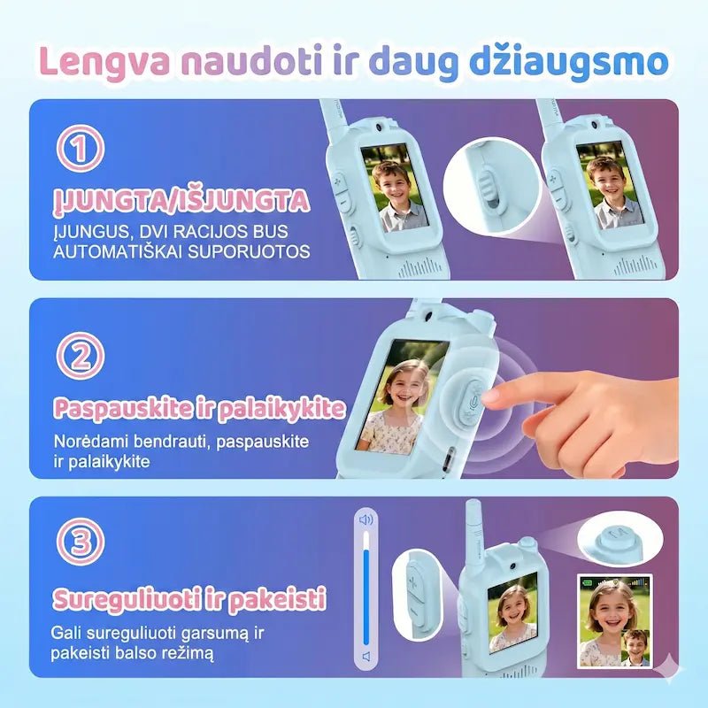 Įkraunamos vaizdo racijos vaikams „VidiTalk“ (su kamera ir balso efektais)