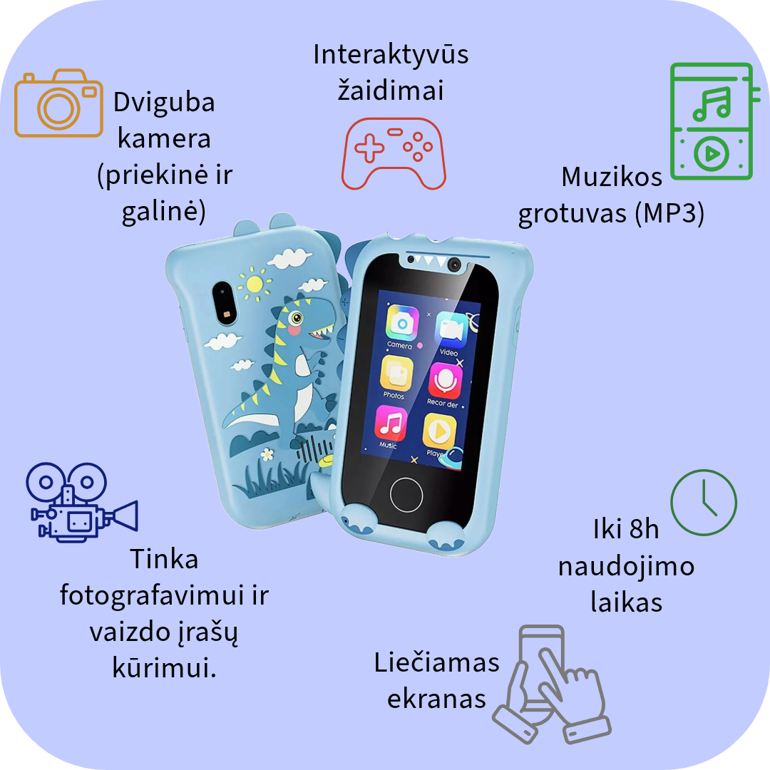 Išmanus įrenginys - fotoaparatas mėlynos spalvos, liečiamas ekranas , fotografuoja ir filmuoja, dviguba kamera 