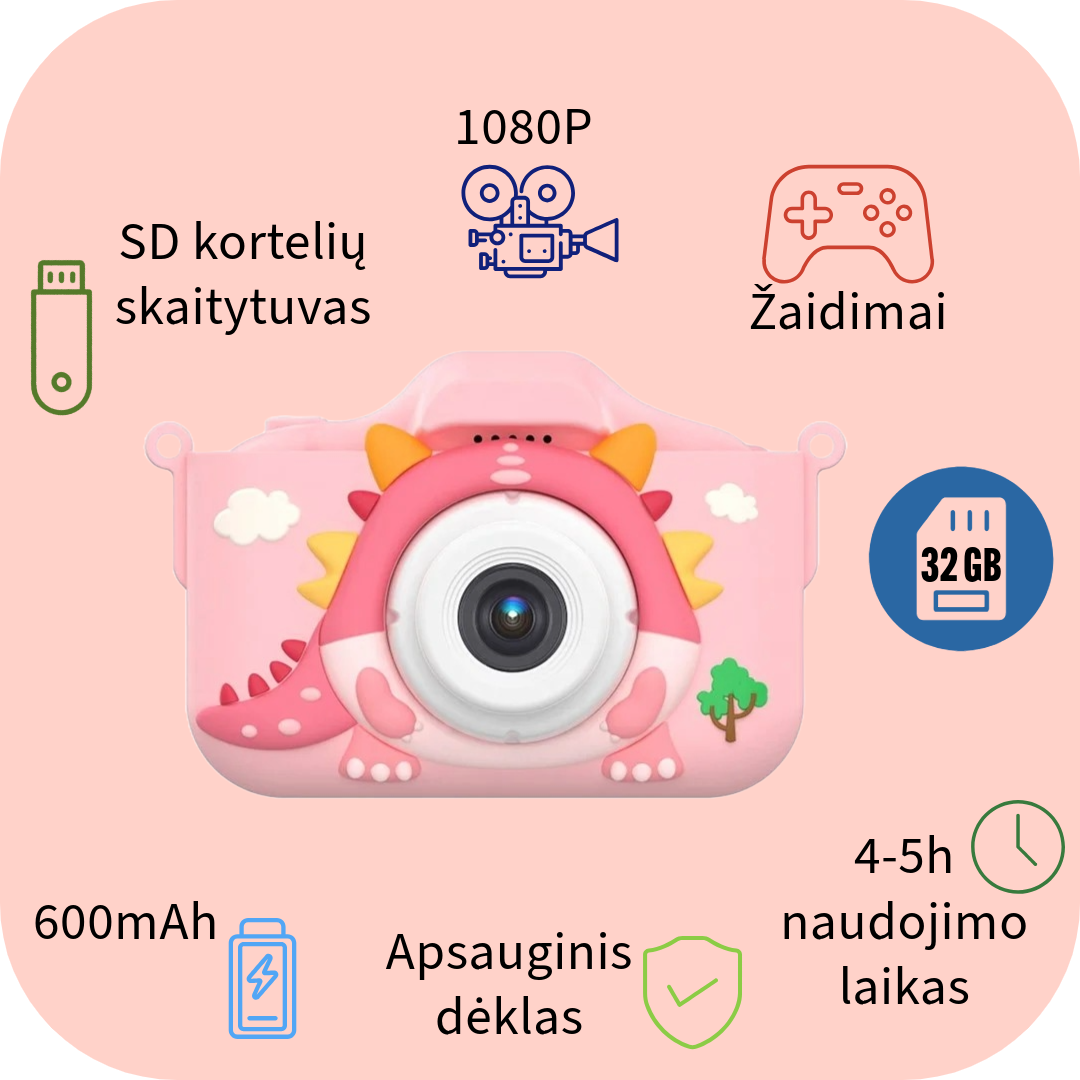 Vaikiškas fotoaparatas su animacinia dinozauro tema, 32 GB, rožinės spalvos, filmavimas ir fotografavimas, apsauginis dėklas, žaidimai, sd kortelių skaitytuvas