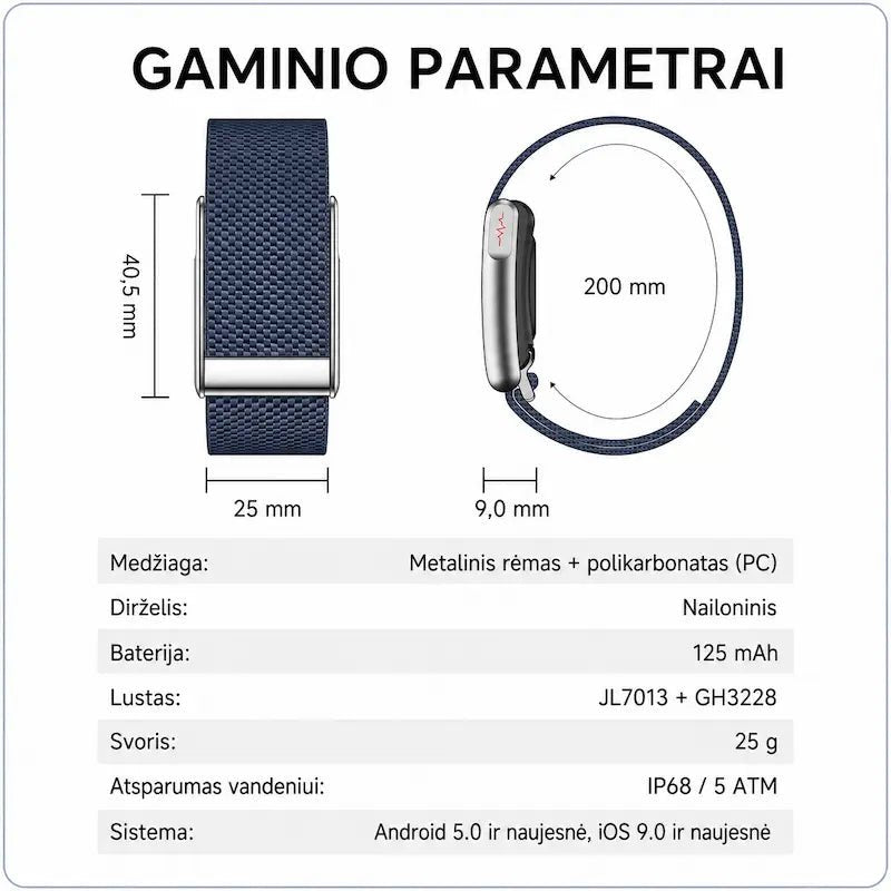 Išmanioji sveikatos apyrankė MF91 be ekrano (EKG, pulsas, SpO₂, IP68)