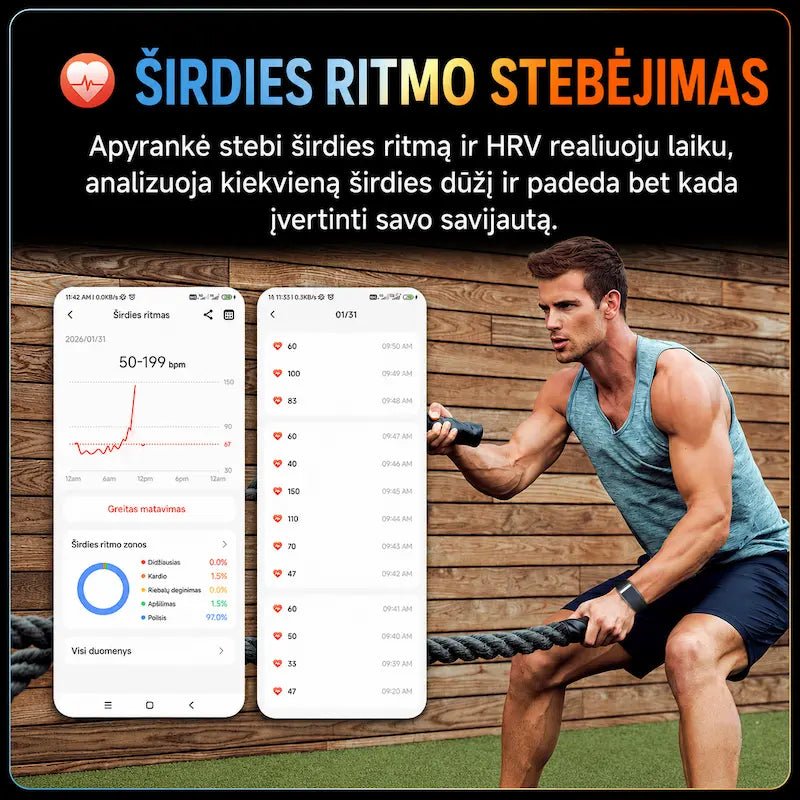 Išmanioji sveikatos apyrankė MF91 be ekrano (EKG, pulsas, SpO₂, IP68)