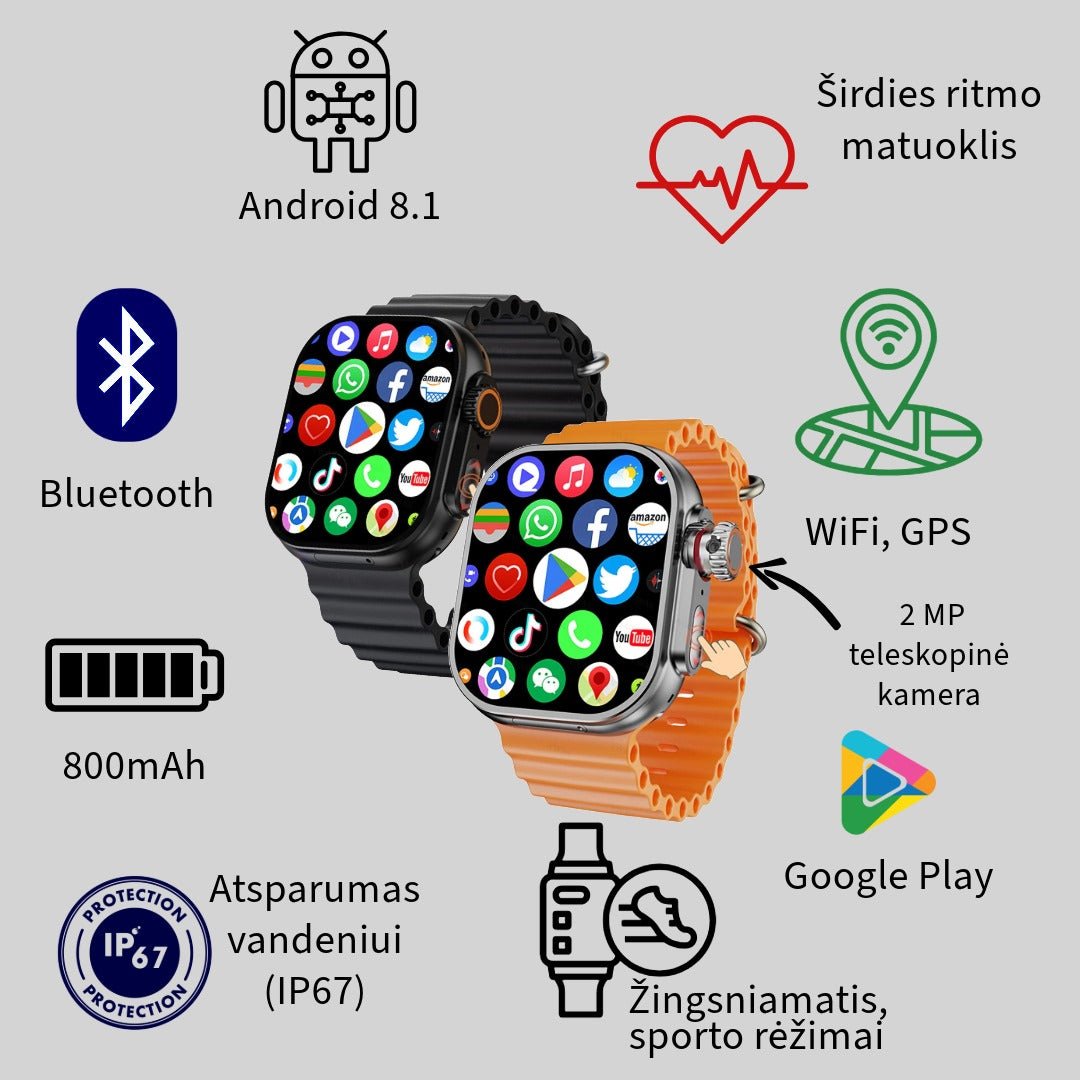 Išmanusis laikrodis juodos ir rudos spalvos, su wifi ir gps, širdies ritmo matuoklis, bluetooth, atsparumas vandeniui, žingsniamatis, sporto rėžimai, google play, teleskopinė kamera
