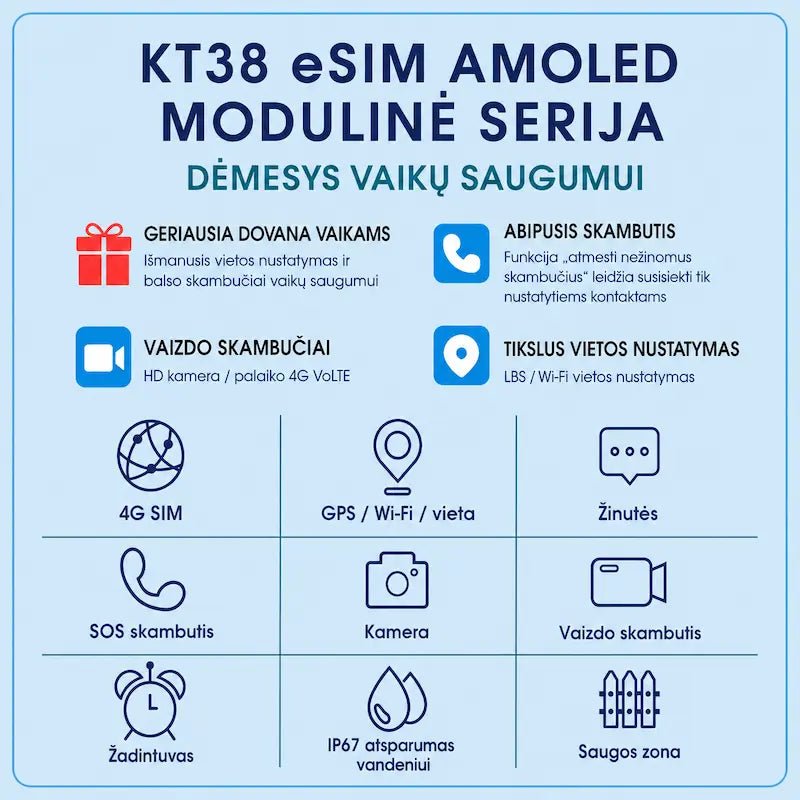Išmanusis eSIM laikrodis vaikams KT38 (4G, GPS, AMOLED ekranas, kamera, 730 mAh)